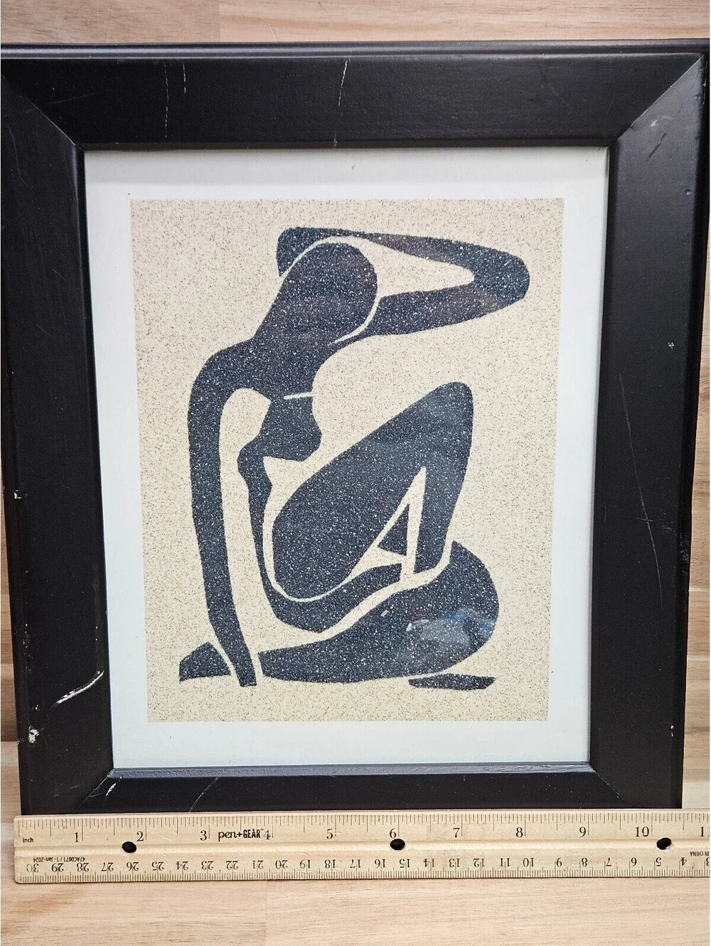 Vintage Framed Matisse Style Black Seated Female Silhouette Textured Sand Art